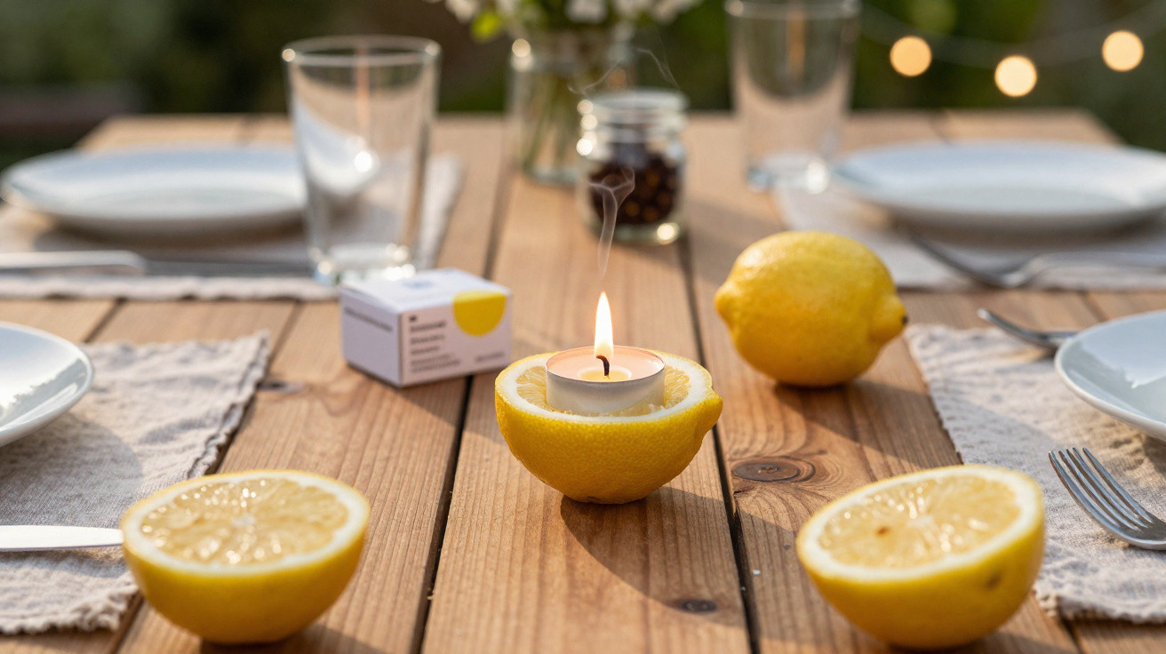 Mesa de madeira posta para refeição ao ar livre com limões e vela acesa dentro de um limão cortado.