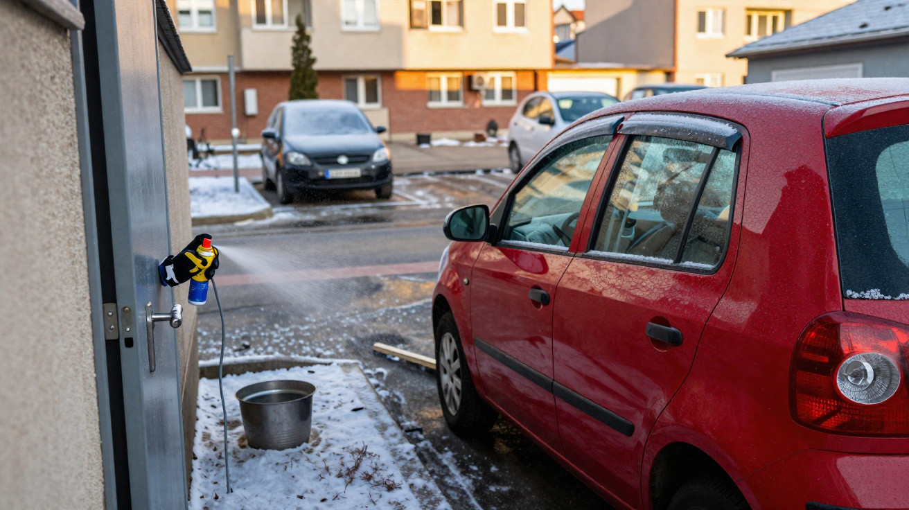 Carro vermelho estacionado na rua com neve, enquanto uma mangueira fixa numa parede pulveriza água.