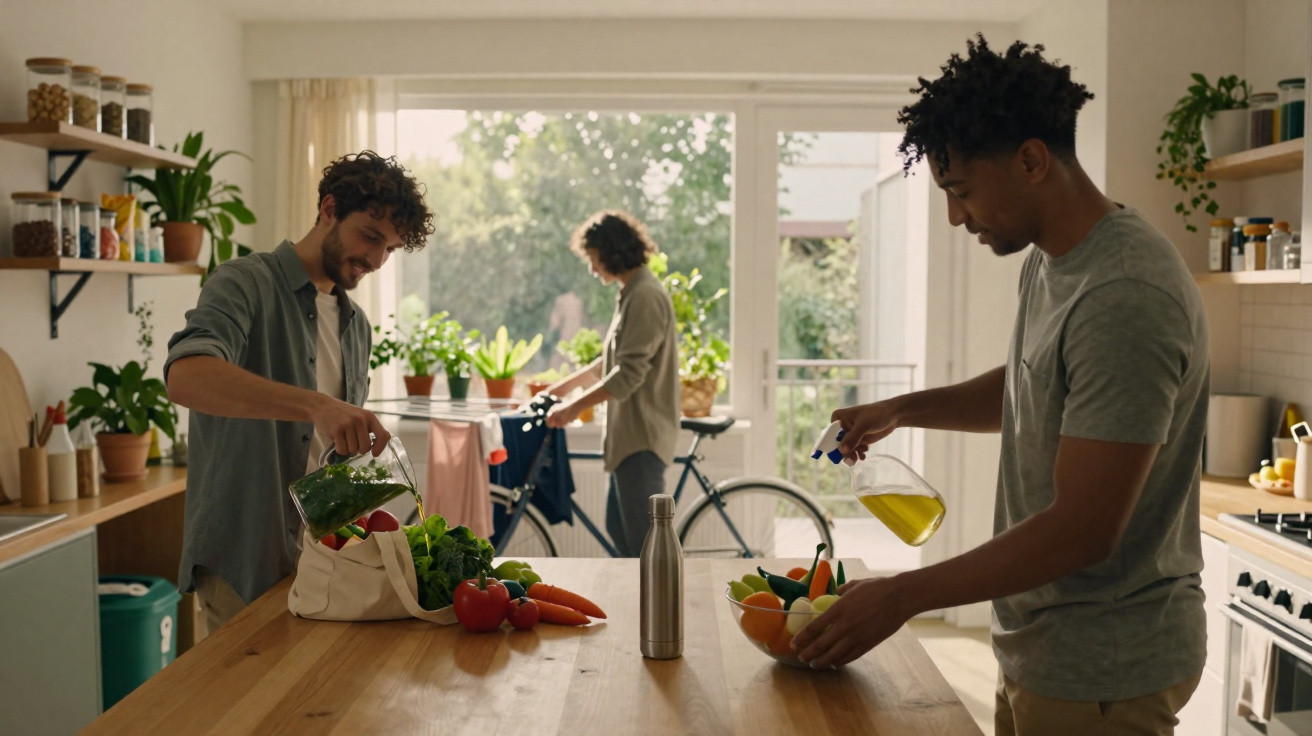 Três homens arrumam legumes na cozinha luminosa com janela aberta para o exterior e bicicleta no fundo.