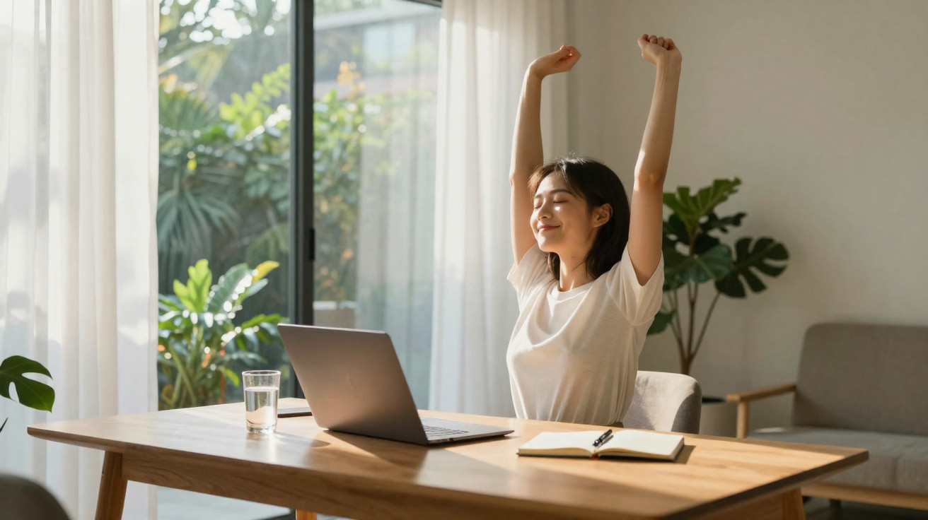 Mulher sentada à mesa em casa a esticar os braços com portátil e caderno à frente, luz natural.