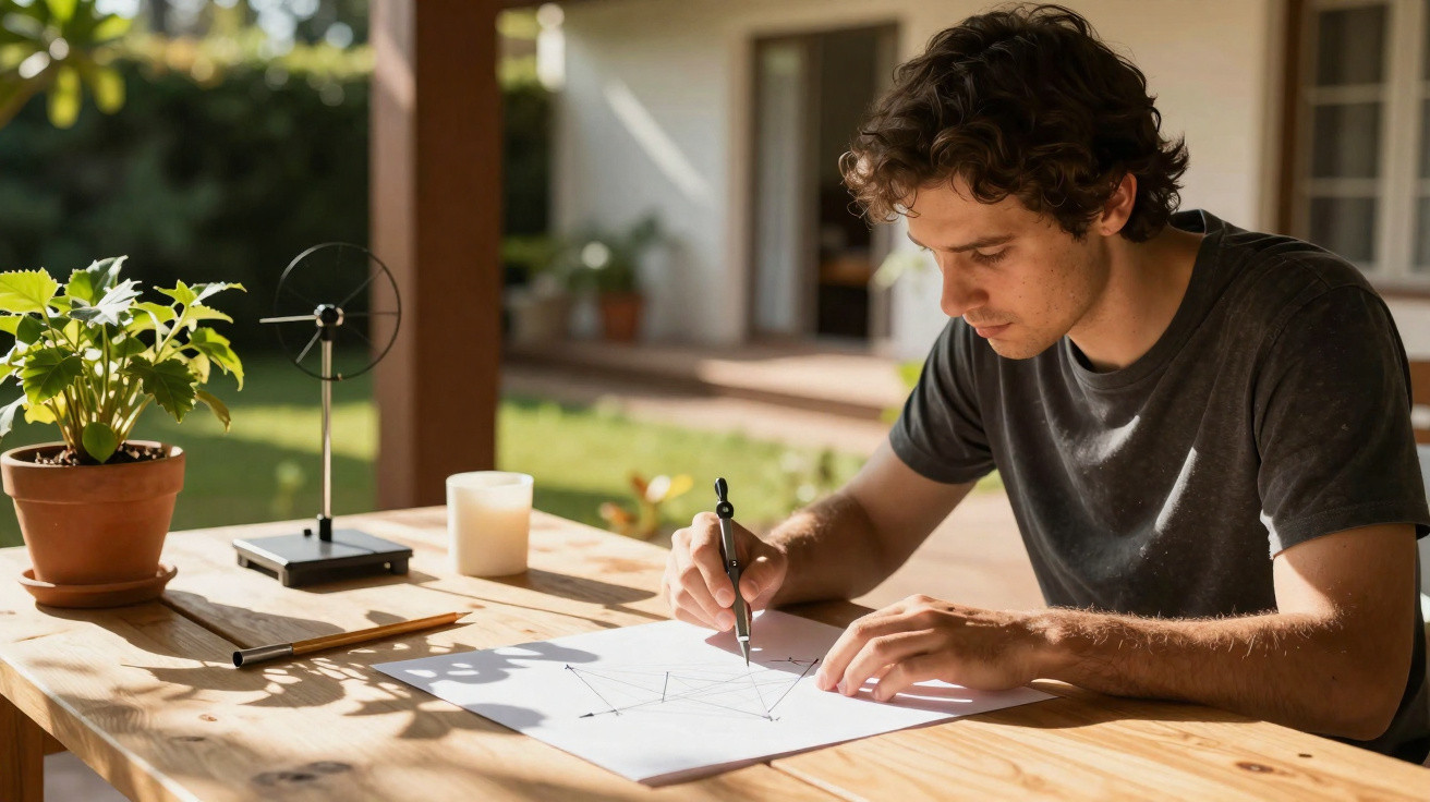 Jovem sentado à mesa ao ar livre a desenhar linhas e pontos num papel, com planta e vela na mesa.