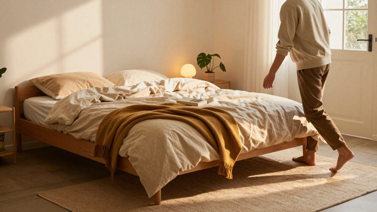 Quarto iluminado pelo sol com cama de madeira, roupa de cama bege e manta castanha, pessoa a caminhar descalça.