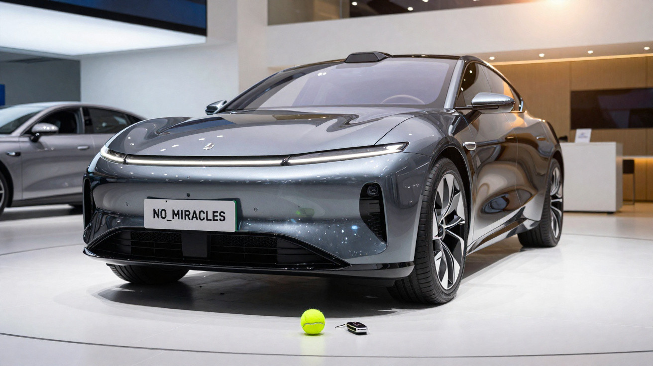 Carro elétrico cinzento com design futurista exposto em showroom, ao lado de bola de ténis e controlo remoto.