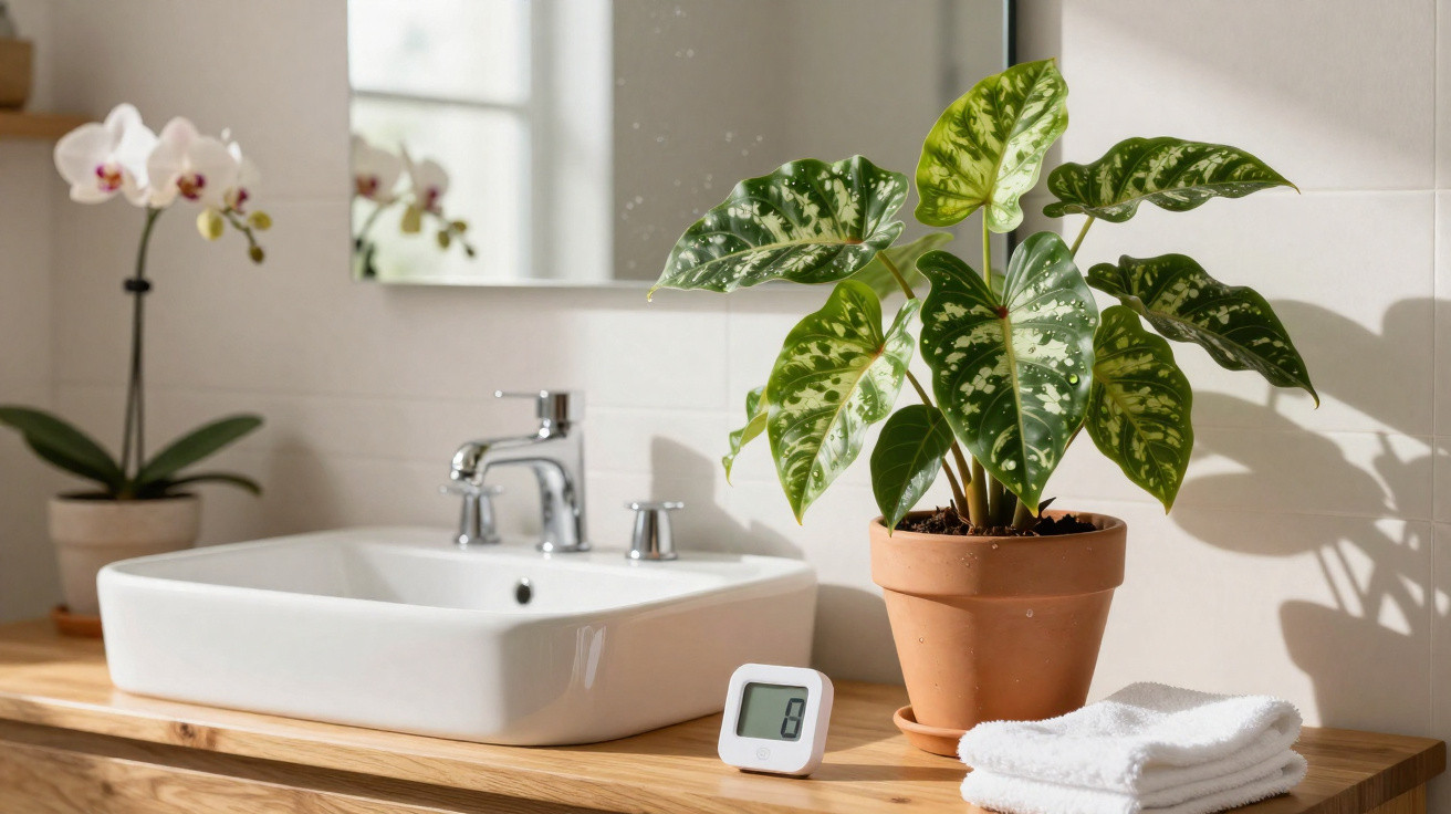 Planta em vaso de barro, termómetro digital, toalhas brancas e orquídea num lavatório iluminado.