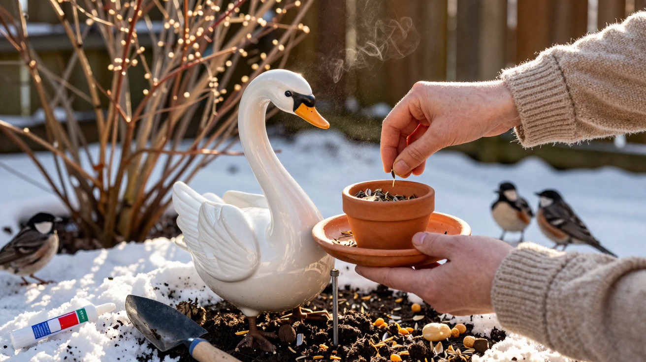 Mãos a colocar sementes num bebedouro de cerâmica em forma de cisne no jardim com neve e pássaros à volta.