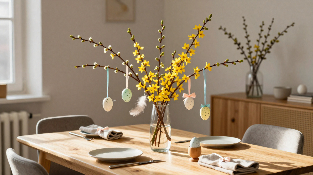 Mesa de madeira com decoração de primavera: ramos com flores amarelas e ovos suspensos em vidro.