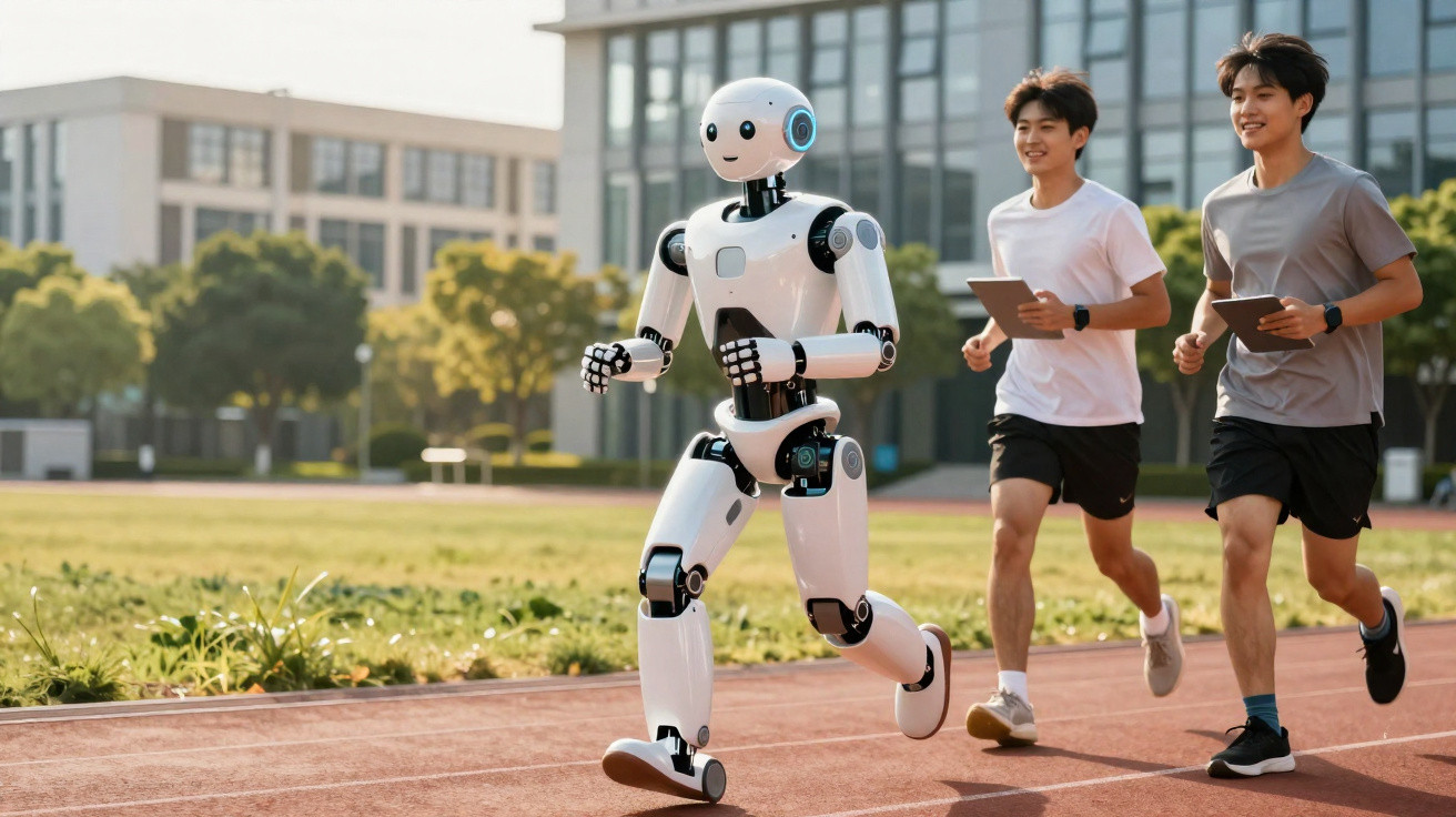 Robô a correr numa pista ao ar livre com dois jovens a correrem atrás com tablets na mão.