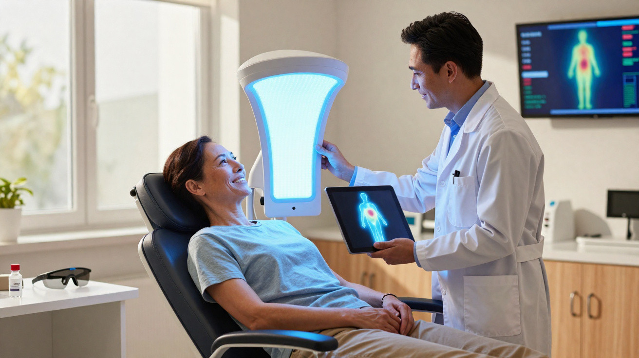 Médico com tablet analisa radiografia de paciente sentado em cadeira reclinável numa clínica luminosa.