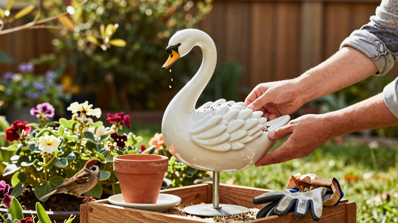 Mãos seguram regador em forma de cisne, regando plantas junto a pássaro e flores num jardim.