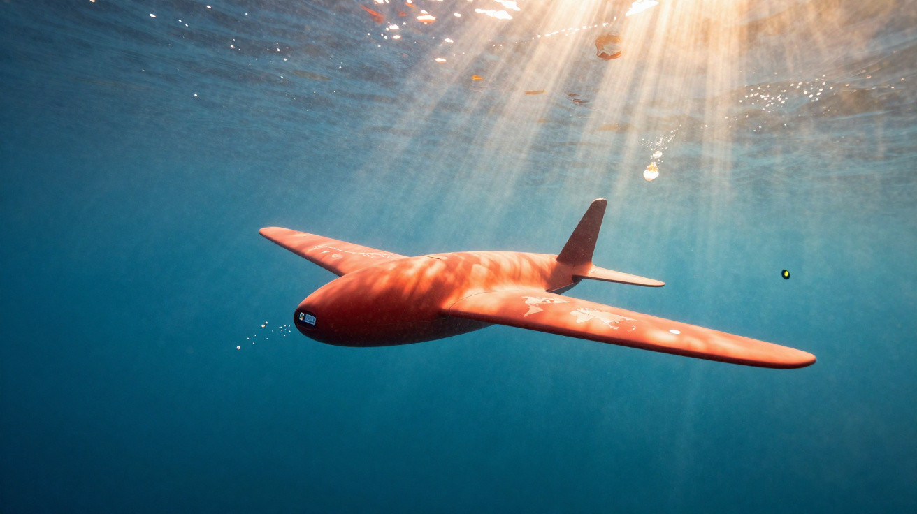 Veículo subaquático vermelho em forma de avião a navegar sob a água iluminado por raios de sol.