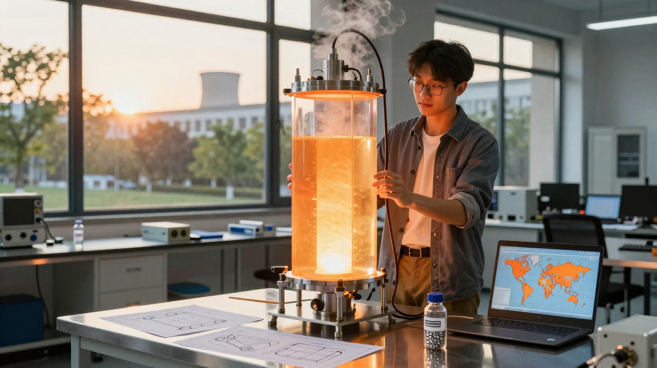 Estudante em laboratório manipula equipamento cilíndrico com líquido luminoso e vapores enquanto consulta laptop com mapa mun