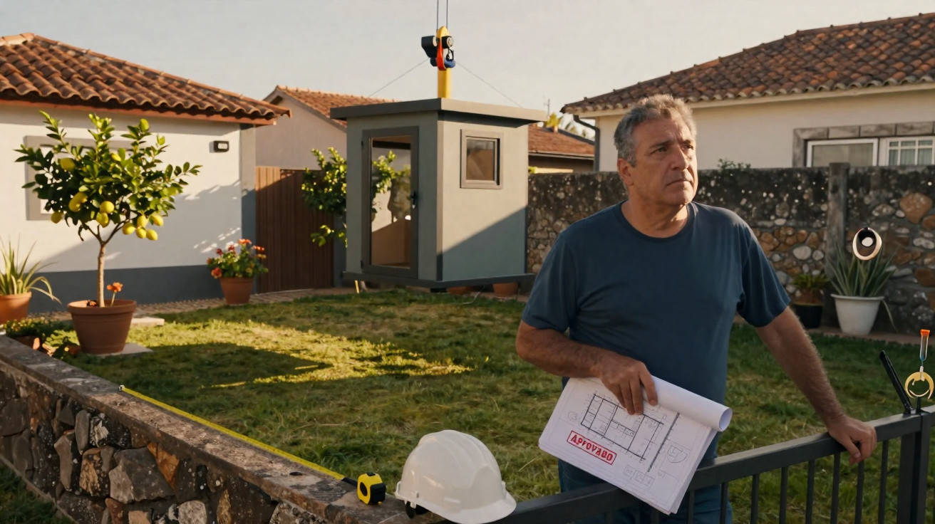 Homem com plantas de construção aprovadas junto a casa, capacete e mini casa suspensa num jardim.