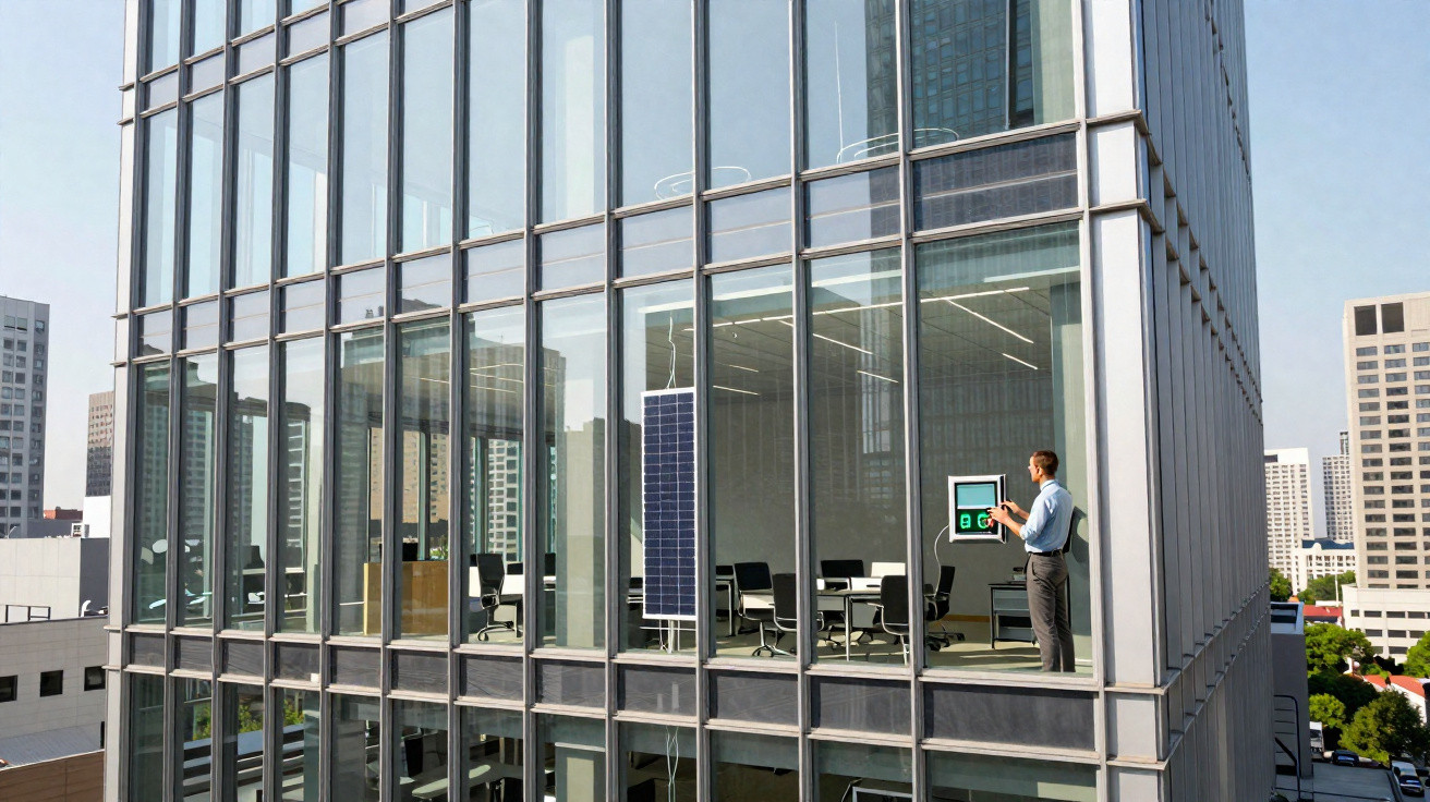 Homem numa sala de reuniões moderna em edifício de vidro com painéis solares interiores, numa cidade.