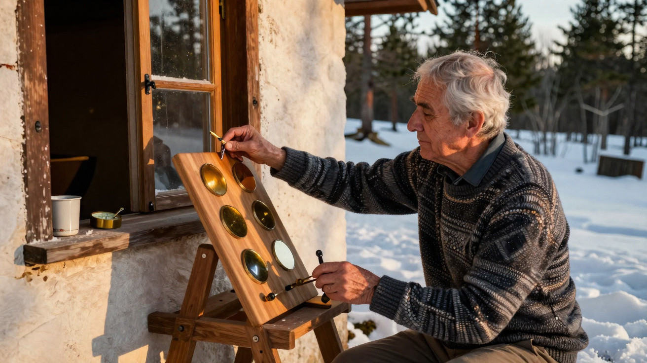 Homem idoso pinta um painel de madeira com círculos dourados ao ar livre na neve.