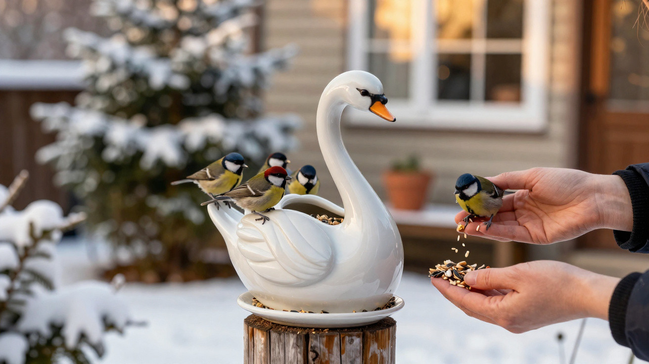 Pássaros pequenos a comer sementes numa alimentadora decorativa branca em forma de cisne no inverno.