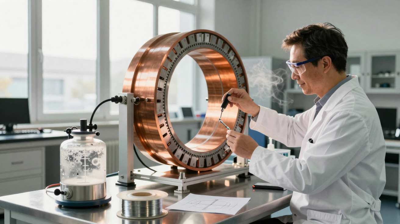 Cientista em laboratório manipula equipamento circular de cobre, usando óculos de proteção e bata branca.