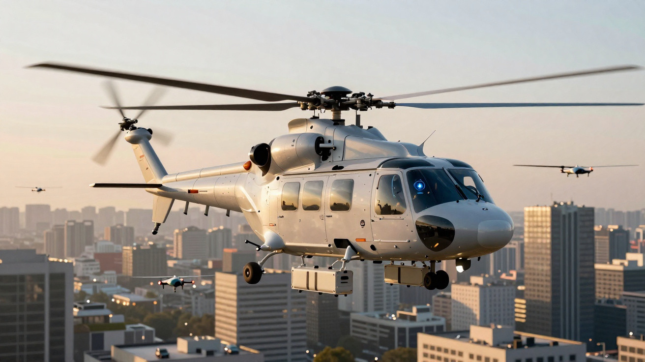 Helicóptero cinzento voando sobre zona urbana com prédios altos ao entardecer.
