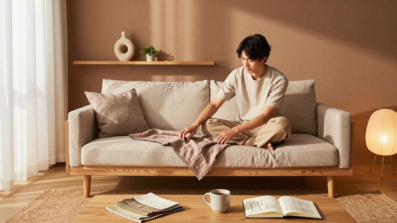 Homem sentado no sofá arruma uma manta num ambiente acolhedor e minimalista com iluminação natural.