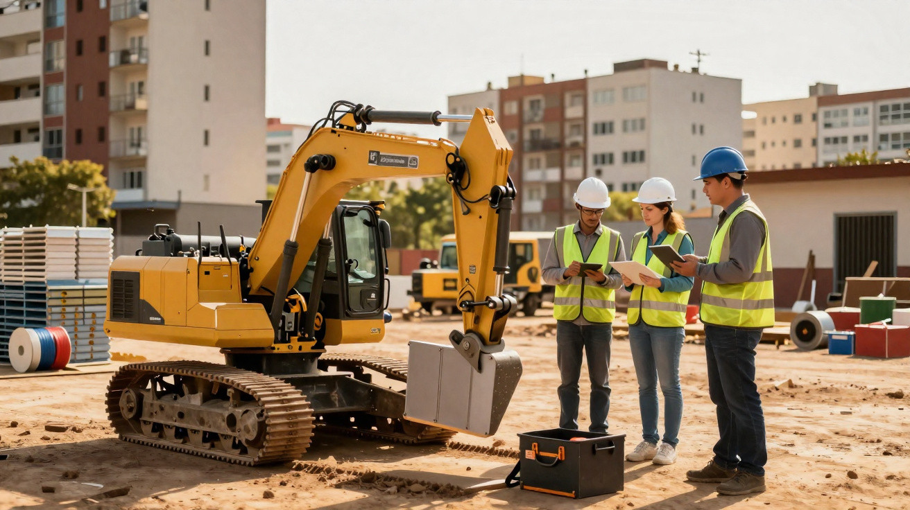 Três trabalhadores de construção com coletes e capacetes discutem junto a escavadora num estaleiro urbano.