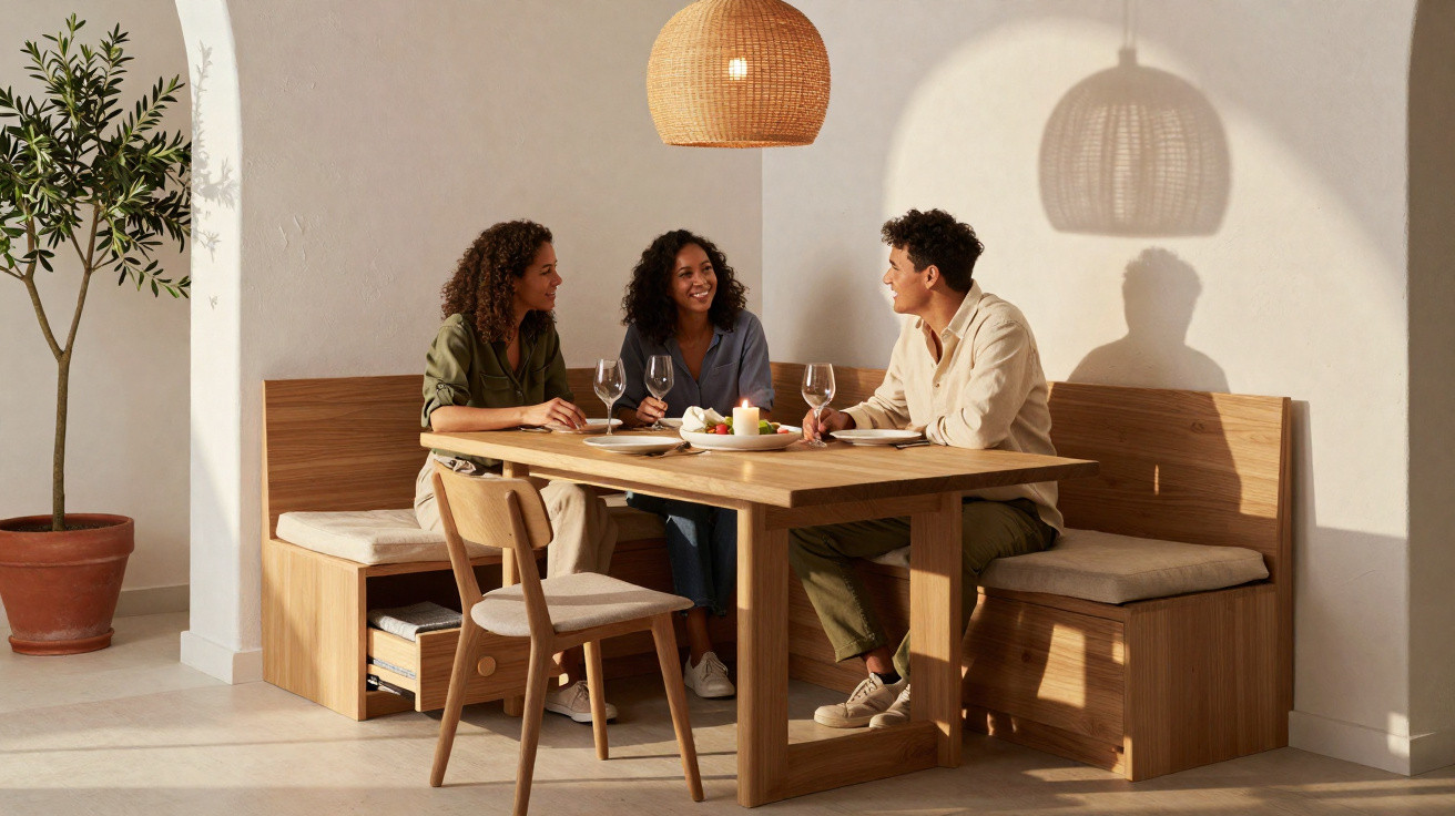 Três pessoas sentadas à mesa de madeira a conversarem num ambiente iluminado e acolhedor.