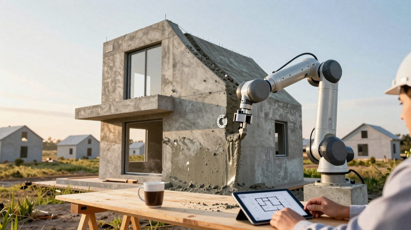 Robô imprime uma casa em 3D com betão, enquanto trabalhador consulta planta num tablet em canteiro de obras.