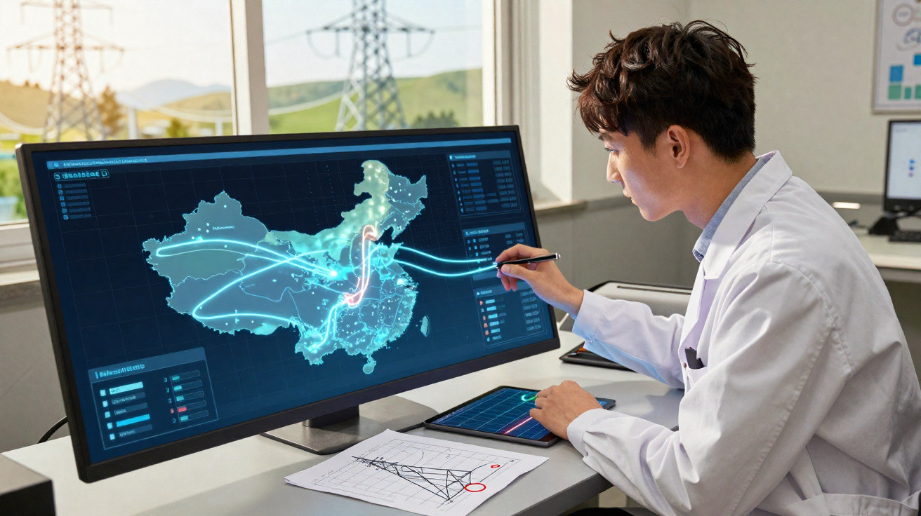 Homem em bata branca analisa mapa digital interativo de dados numa grande tela de computador.