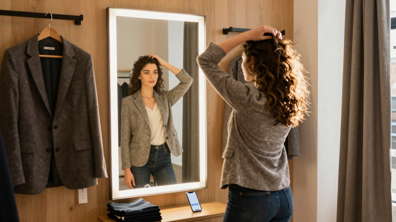 Mulher olhando para o espelho ajustando o cabelo, com casaco pendurado e roupa em móvel à sua frente.