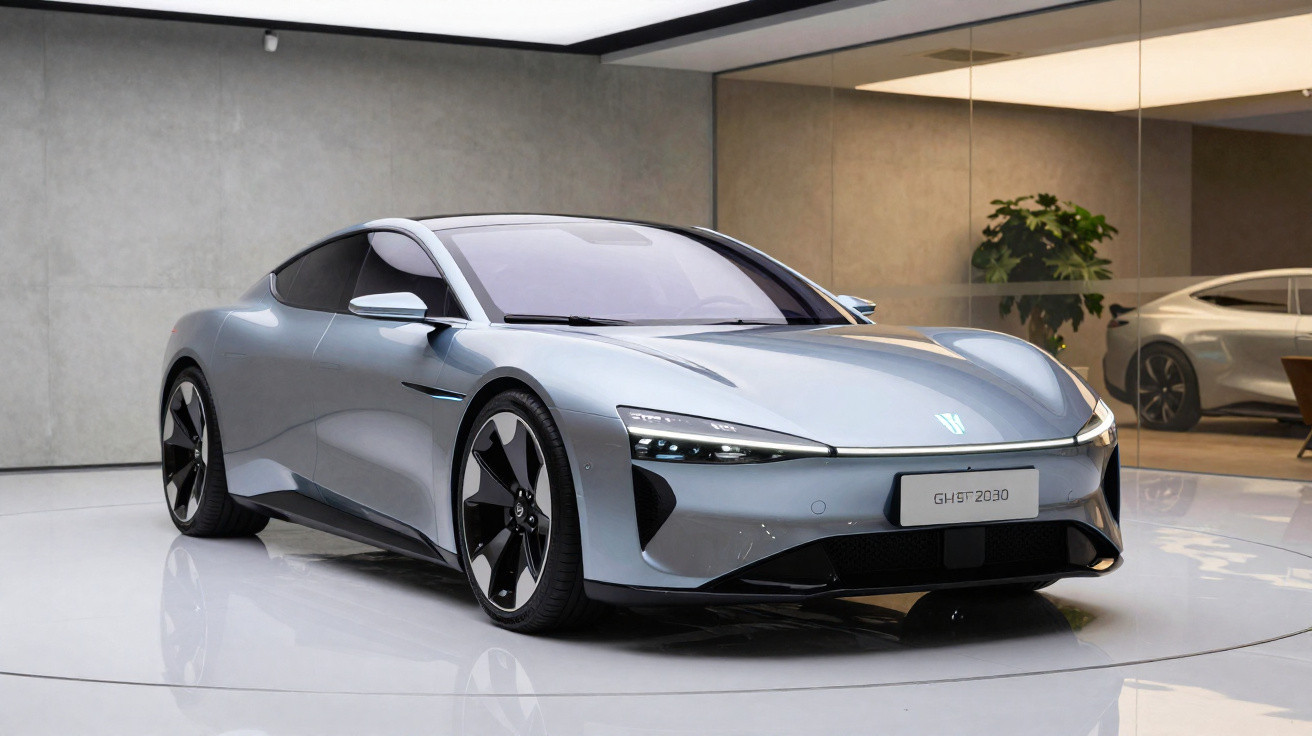 Carro elétrico desportivo cinzento futurista num showroom moderno com paredes de vidro e piso reflectivo.