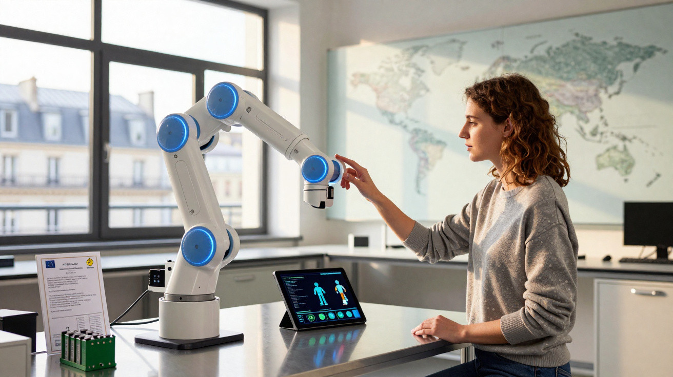 Mulher interage com braço robótico em laboratório moderno com mapa-múndi e ecrã digital.