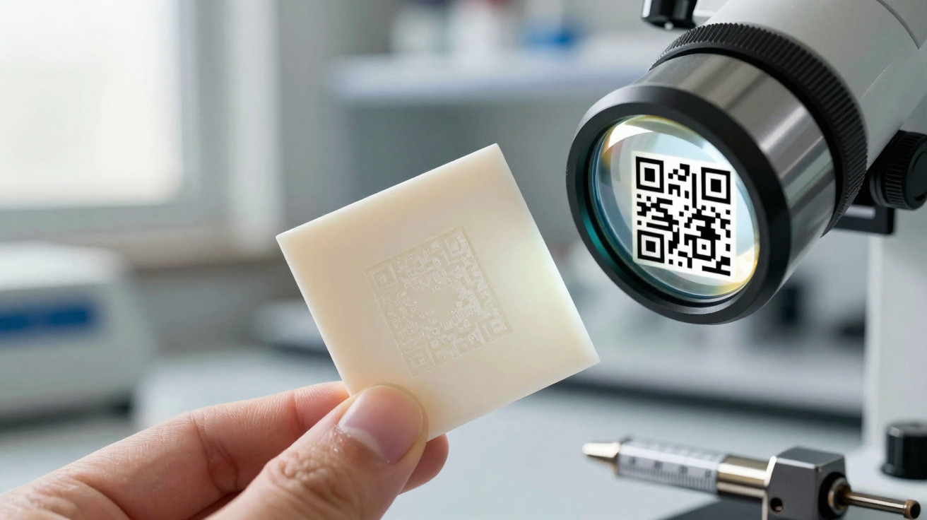 Mão segura placa com código QR visível ao microscópio num laboratório tecnológico.