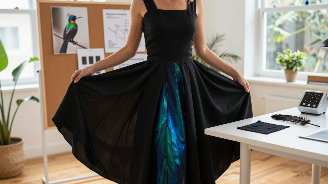 Mulher de vestido preto segurando as saias que revelam estampado azul e verde com penas, em sala com plantas e mesa.