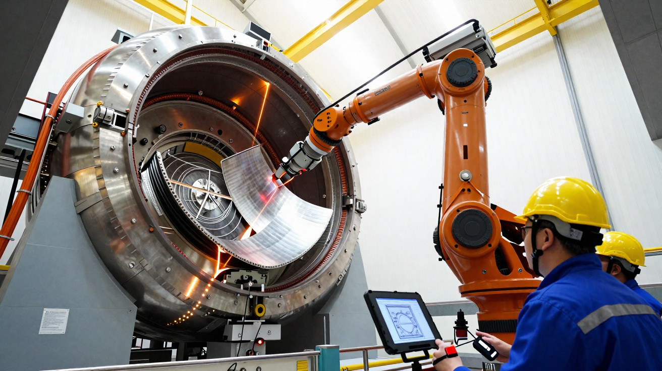Técnicos com capacetes operam braço robótico que manipula peça metálica em máquina industrial grande.