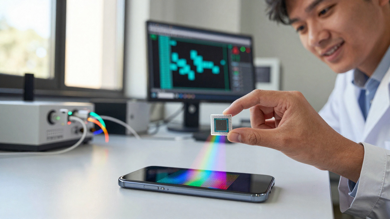 Homem segurando circuito próximo a telemóvel, com arco-íris projetado sobre o ecrã em laboratório tecnológico.