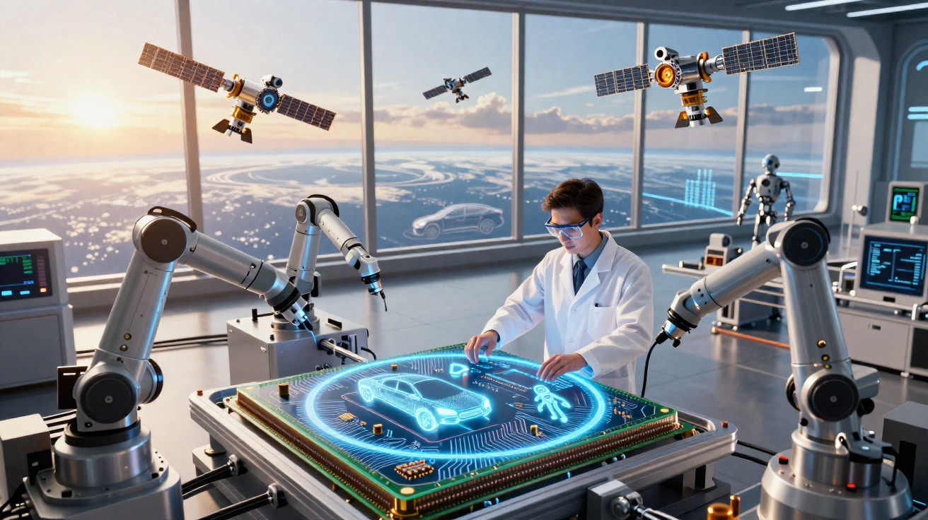 Cientista em laboratório futurista interage com holograma de carro, rodeado por braços robóticos e satélites.