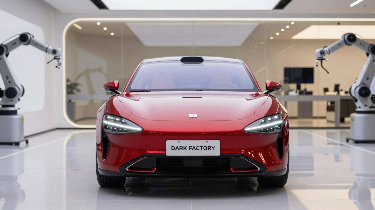 Carro elétrico vermelho à frente, em ambiente moderno com robôs industriais cinzentos nas laterais.