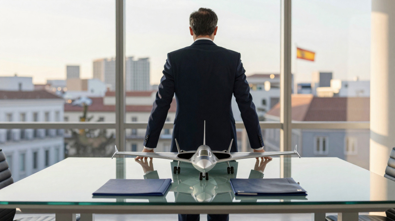 Homem em fato de costas junto a uma mesa com maquete de avião num escritório com vista urbana.