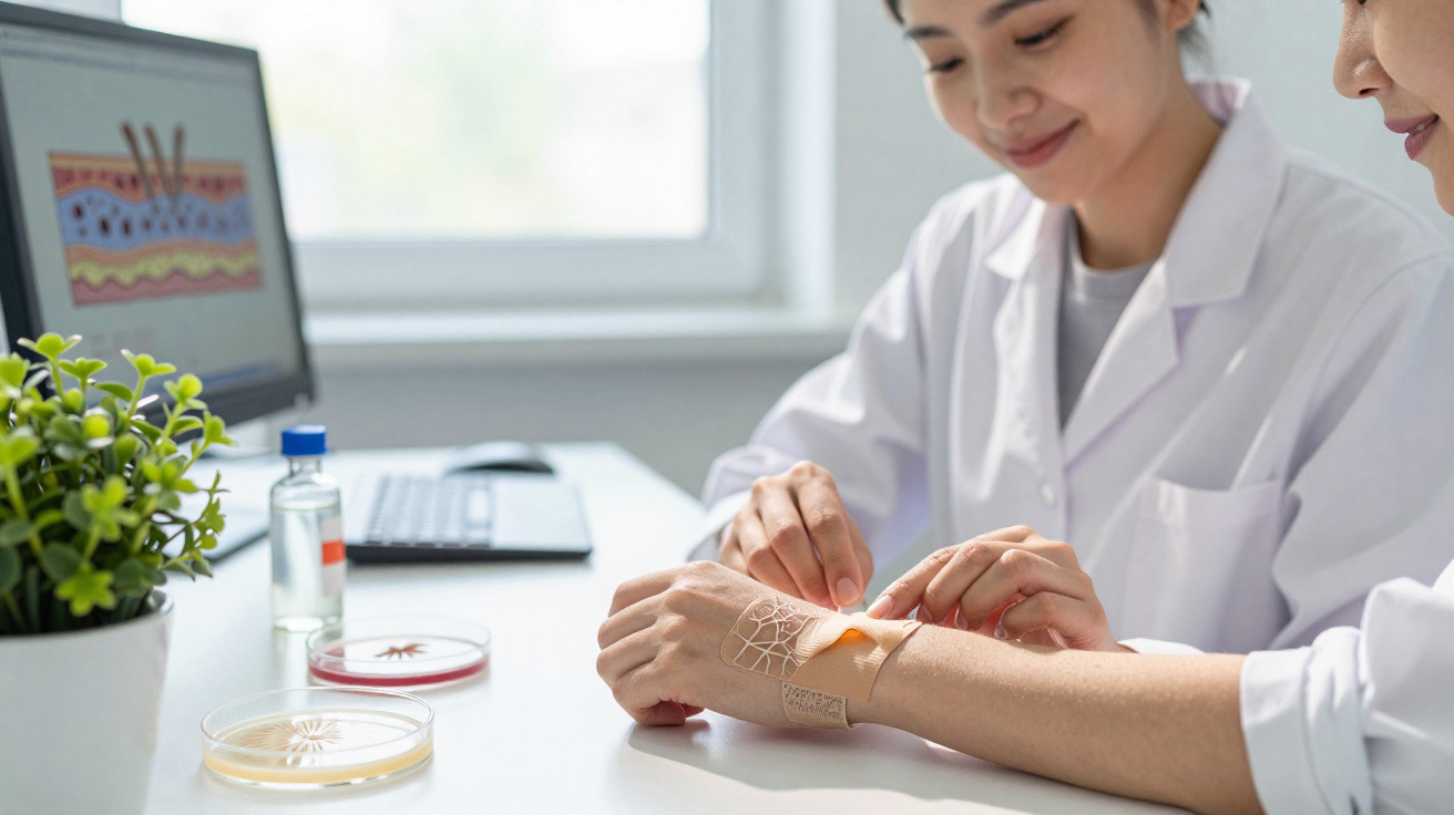 Dois cientistas em branco a analisar um dispositivo de realidade aumentada aplicado num braço sobre uma mesa de laboratório.