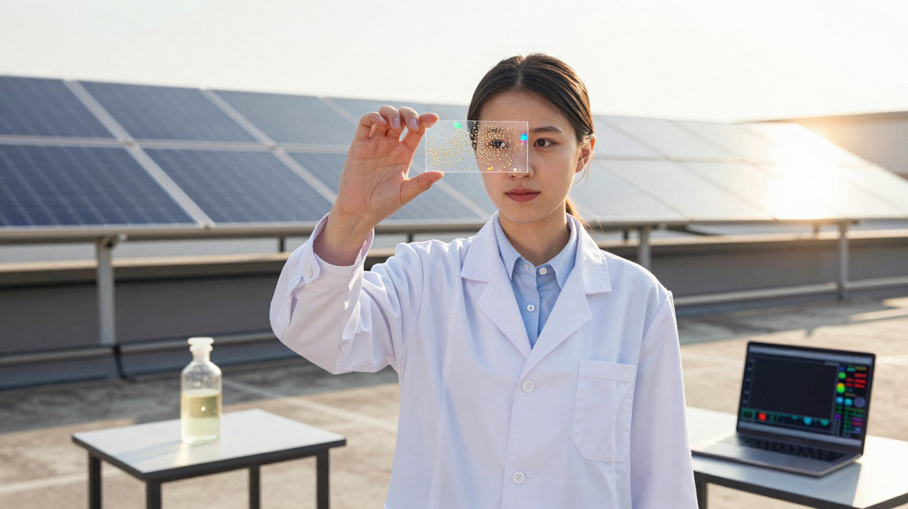 Mulher cientista em bata branca segura amostra transparente com pontos, junto a painéis solares e computador portátil.