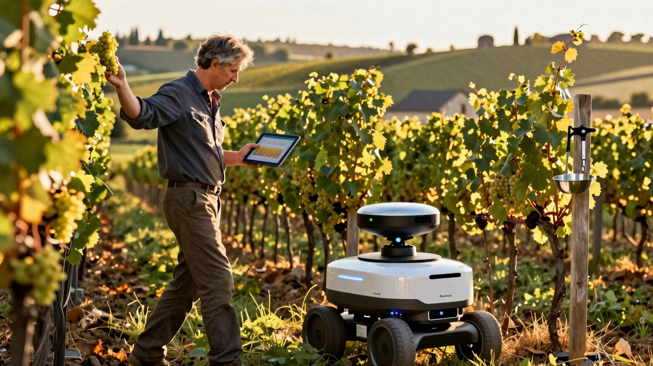 Homem numa vinha a analisar uvas com tablet enquanto robot agrícola móvel trabalha entre as vinhas.