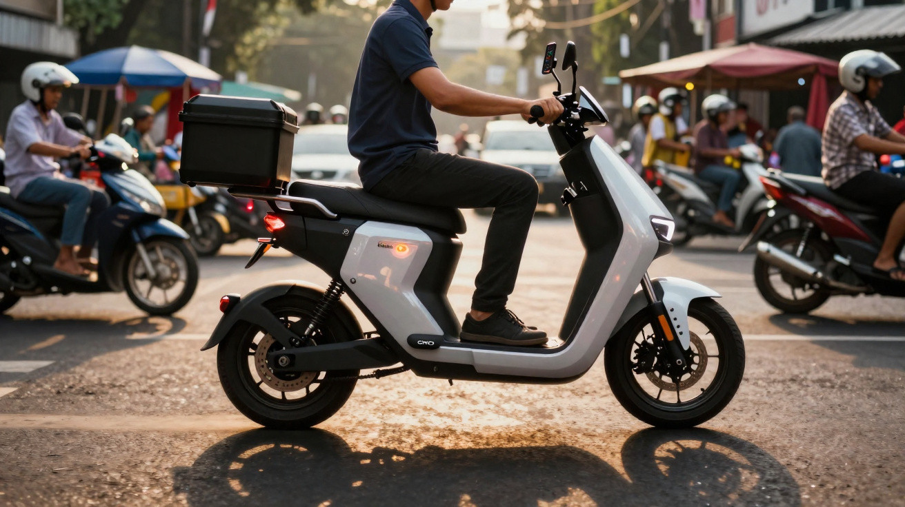 Pessoa a conduzir scooter elétrica branca na cidade durante o dia com trânsito de motociclos ao fundo.