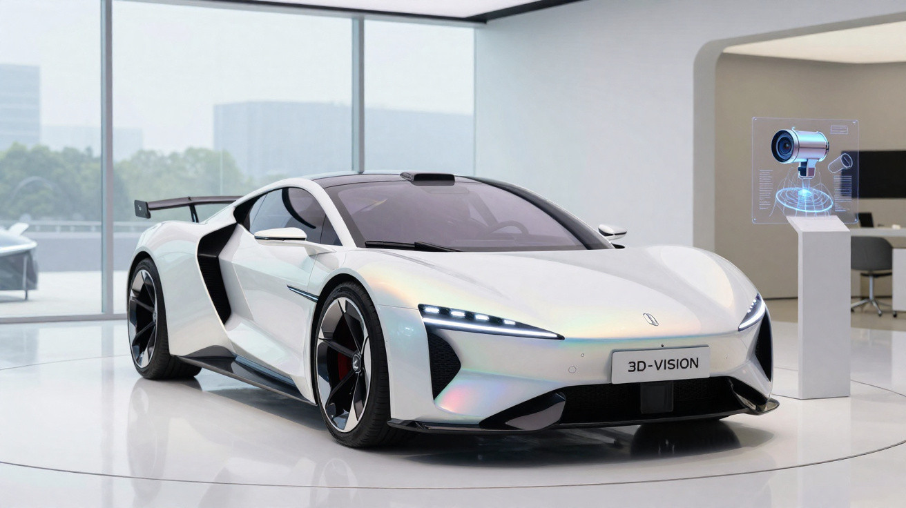 Carro desportivo branco futurista exposto em sala moderna com janelas grandes e holograma de câmara 3D ao lado.