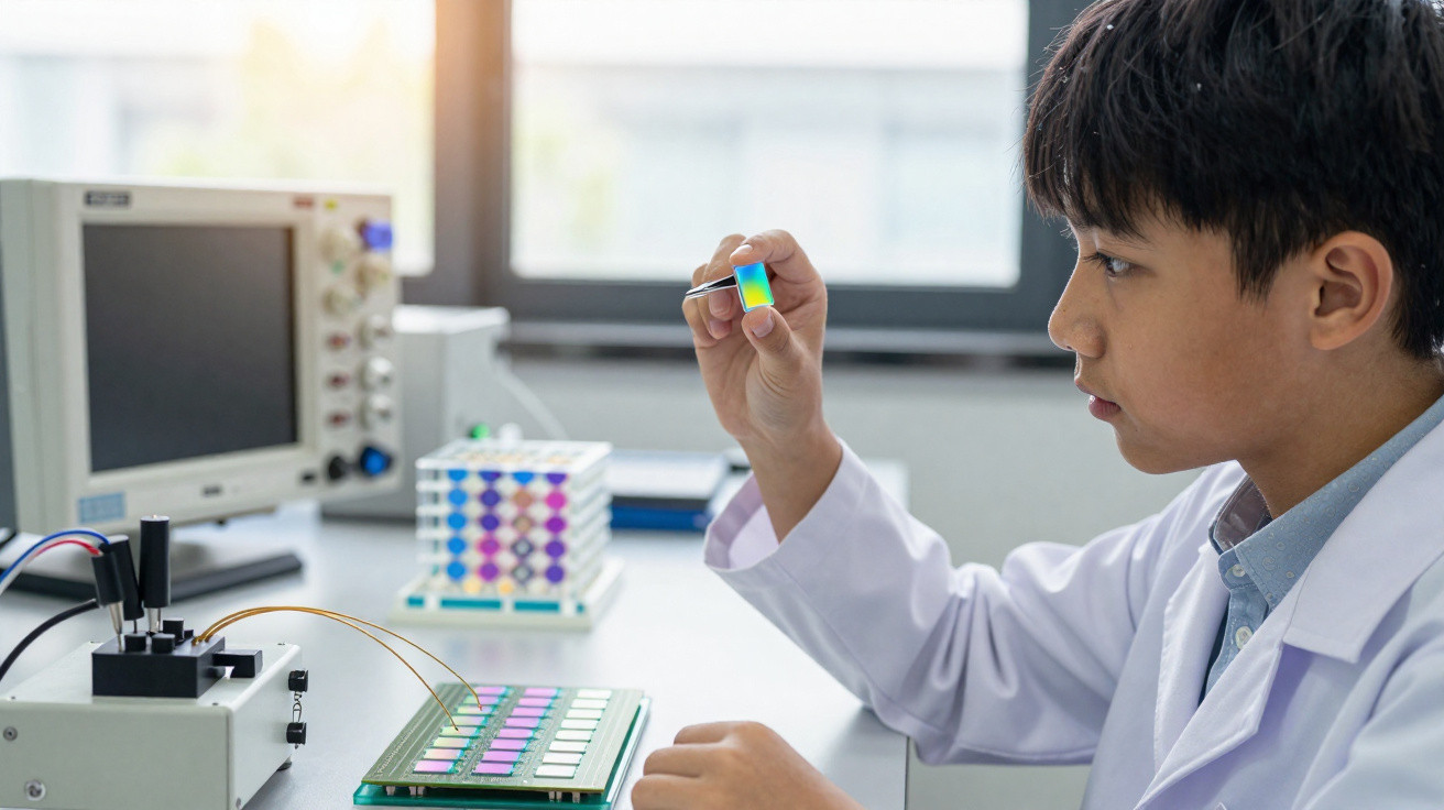 Criança com bata branca a observar um componente eletrónico colorido num laboratório.