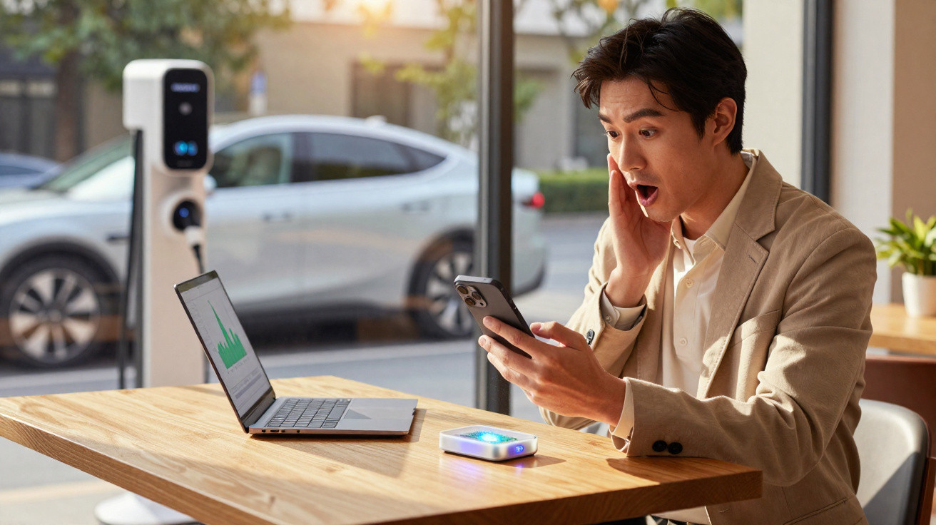 Homem surpreendido ao olhar para o smartphone sentado numa mesa com portátil e carregador sem fios num café.