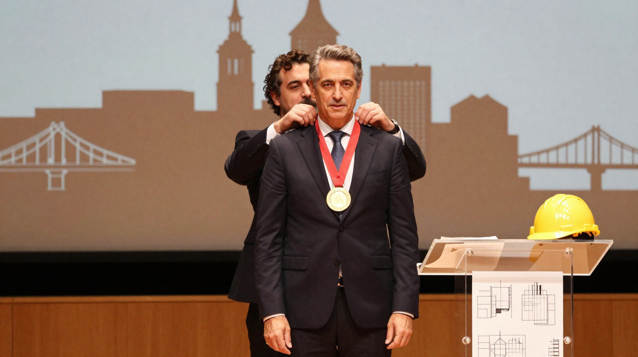 Homem recebe medalha num evento formal com capacete de segurança amarelo e púlpito ao lado.