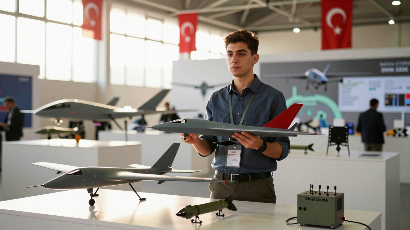 Jovem apresenta modelo de drone em exposição com bandeiras da Turquia ao fundo.