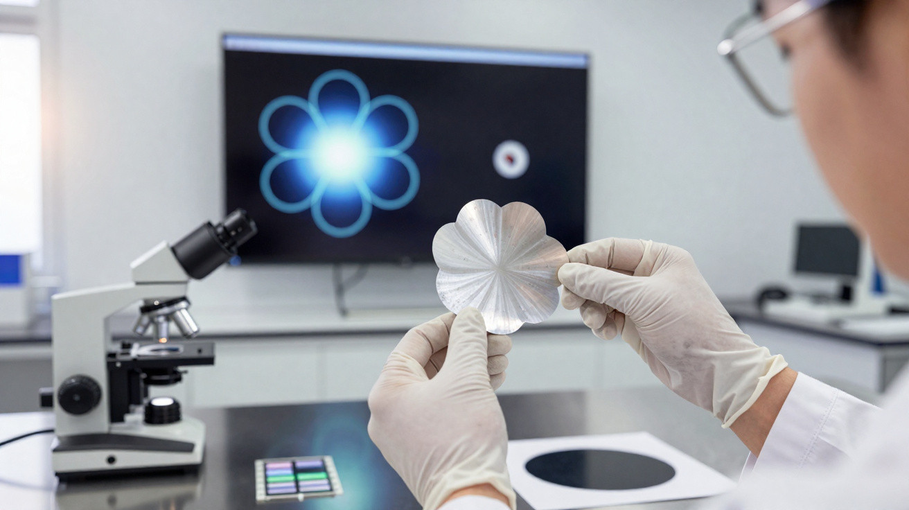 Cientista de laboratório examina objecto metálico em forma de flor com visor de padrão luminioso ao fundo.