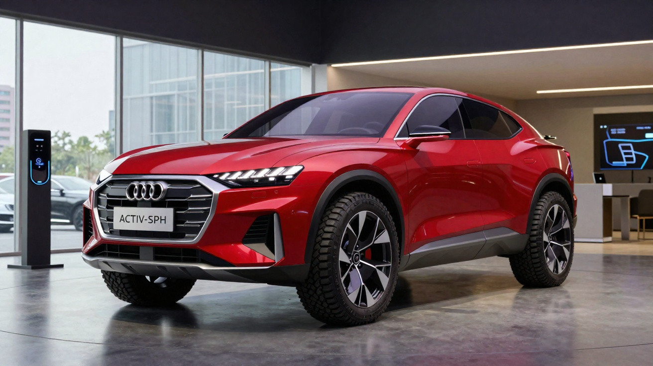 Carro elétrico Audi vermelho modelo ACTIV-SPH estacionado em ambiente moderno com posto de carregamento.