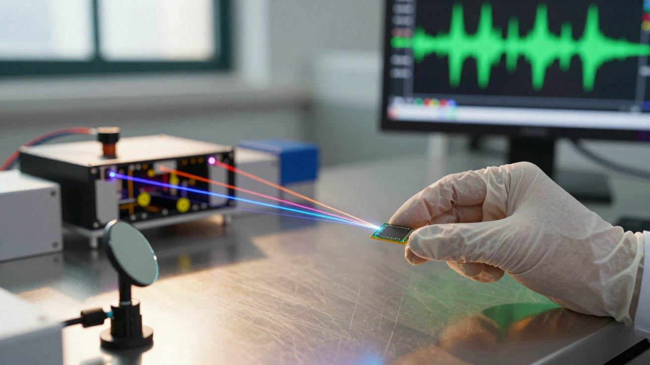 Mão com luva segura chip a emitir feixes laser coloridos numa mesa metálica em laboratório tecnológico.