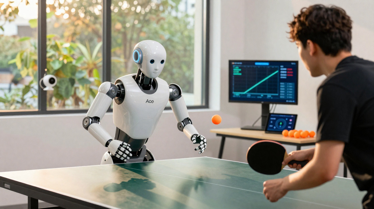 Robô e humano a jogar ténis de mesa num ambiente moderno com computadores ao fundo.